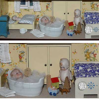 20er-Jahre-Schlafzimmer mit antiken Kewpies